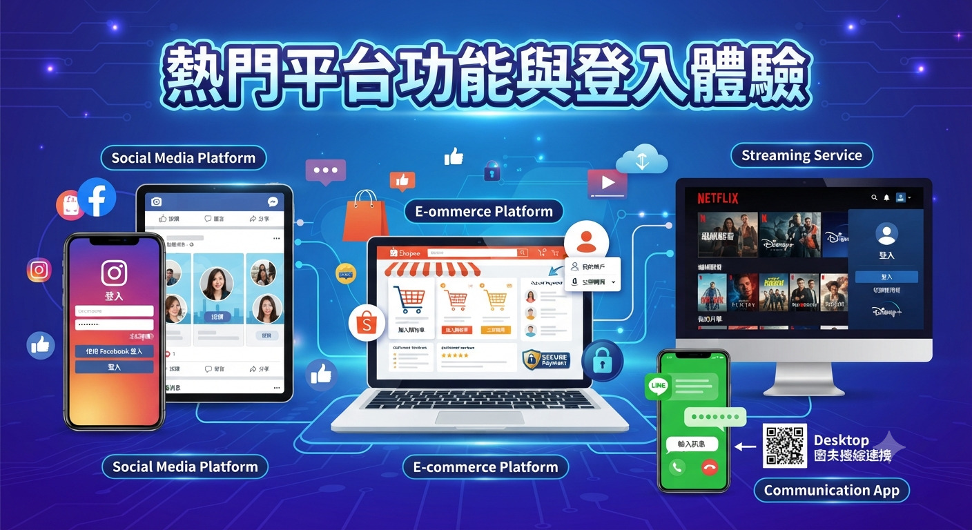 這張圖片展示了熱門平台的功能與登入體驗。 畫面中融合了多種社交、電商與串流服務的介面與登入畫面。
